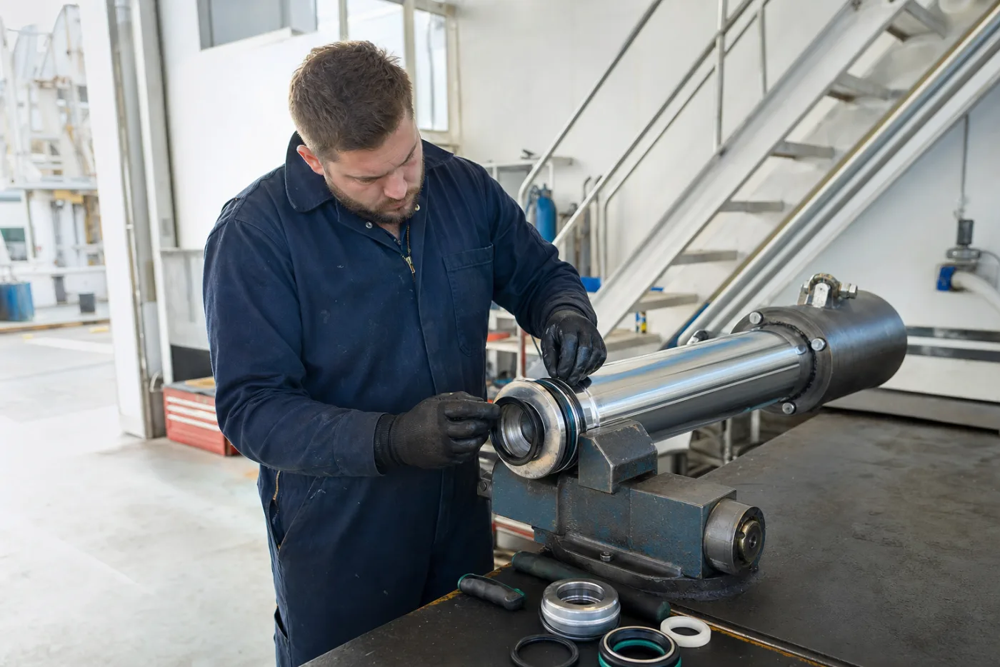 An engineer assembling a hydraulic ram at a workshop bench